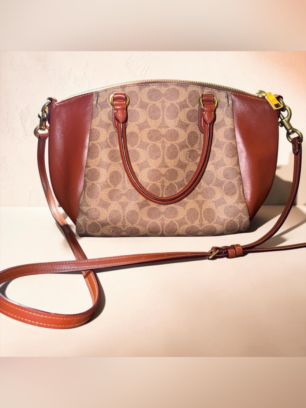 Coach Brown Signature Canvas Dome Satchel with Tan Leather Trim